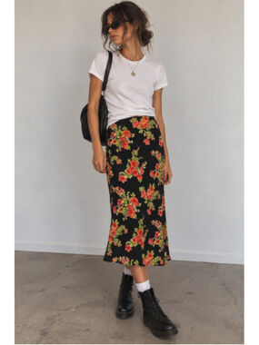 Vintage Coldwater Creek Floral Maxi Skirt Black Orange Olive Large